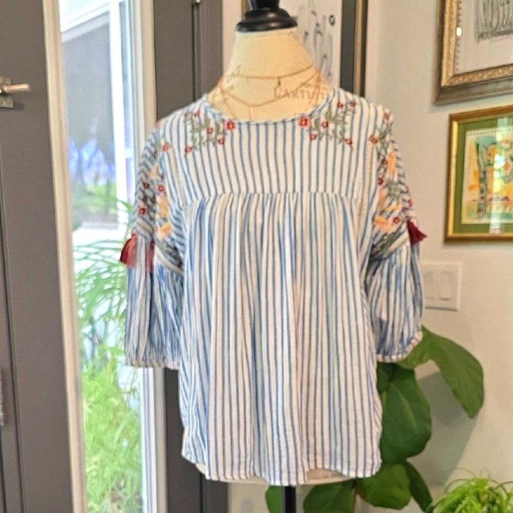 For The Republic Blue and White Boxy Blouse with Bib Collar